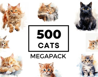 Watercolor cats clipart, 500 PNG images,  cats>dogs,  cute cat clip art png,  commercial use clipart, cat art, digital download, cat person