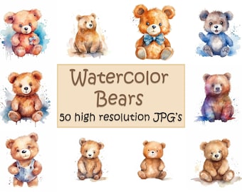 Bears clipart bundle watercolor clip art cute bears animal print animals stickers poster print scrapbooking 50 JPG files