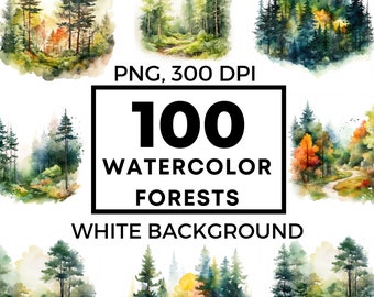 Imágenes prediseñadas de madera en acuarela, imágenes prediseñadas de bosque, imágenes prediseñadas de naturaleza, imágenes prediseñadas de paisaje, imágenes PNG de bosque, uso comercial, 100 imágenes