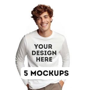 G2400 Mockup Bundle, Gildan 2400 weiß Mockup, Langarm Mockup, T-Shirt Mockup, Print-on-Demand, kommerzielle Nutzung, 5 männliche Modell Mockups