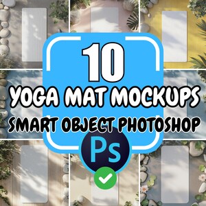 Op de afbeelding: 10 Yoga Mat Mockups - Smart Object Photoshop. Een collage van 10 afbeeldingen die verschillende yogamatten in verschillende omgevingen laten zien. Elke mat is een slim object, waardoor je het ontwerp gemakkelijk kunt aanpassen.