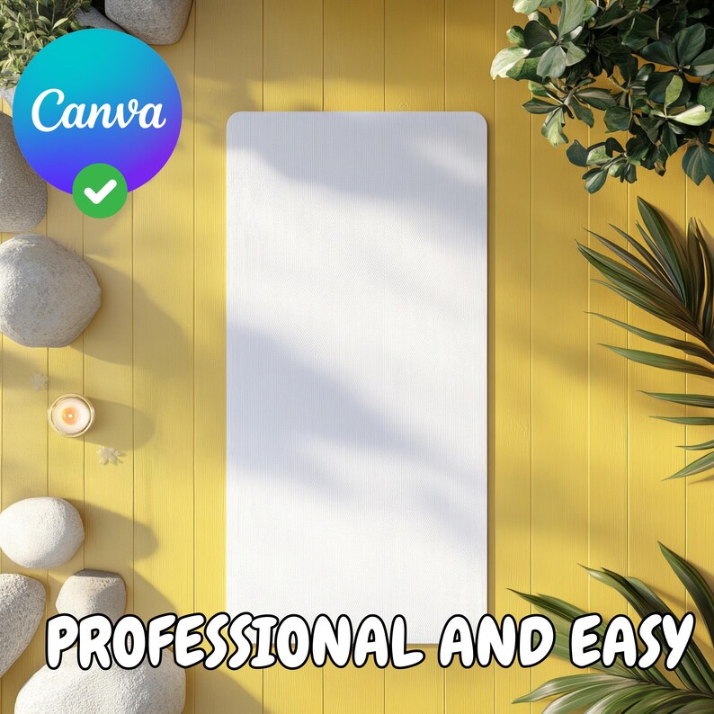 May include: A white yoga mat on a yellow wooden floor with green plants and stones. The text "PROFESSIONAL AND EASY" is at the bottom of the image.