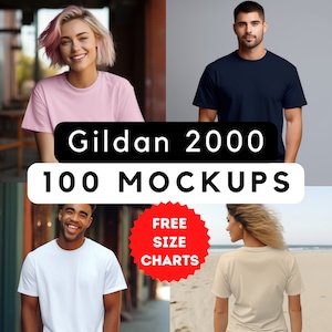 Puede incluir: Cuatro personas diferentes usando camisetas lisas en varios colores, incluyendo rosa, azul marino, blanco y beige. La imagen incluye el texto "Gildan 2000 100 MOCKUPS" y una estrella roja con el texto "FREE SIZE CHARTS".