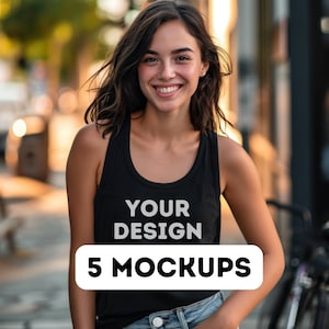 May include: A woman wearing a black tank top with the text "YOUR DESIGN" and the words "5 MOCKUPS" in a white rectangle.