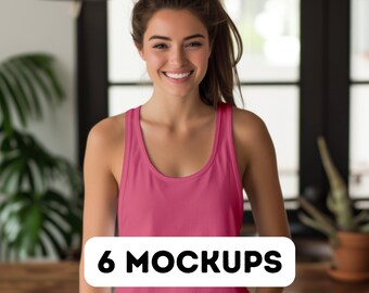 Next Level 1533 Hot Pink Mockup, 1533 Racerback Tank Top, Next Level Hot Pink mock-up tank 1533, Your design here, 6 female model mocks png
