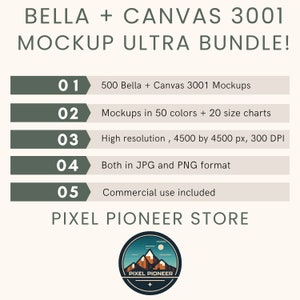 以下が含まれることがあります： Bella + Canvas 3001 Tシャツ用のグラフィックデザインモックアップバンドル。このバンドルには、500のモックアップが50色と20のサイズチャートで含まれています。モックアップは高解像度で、4500 x 4500ピクセル、300 DPIで、JPGとPNG形式で利用できます。商用利用は含まれています。