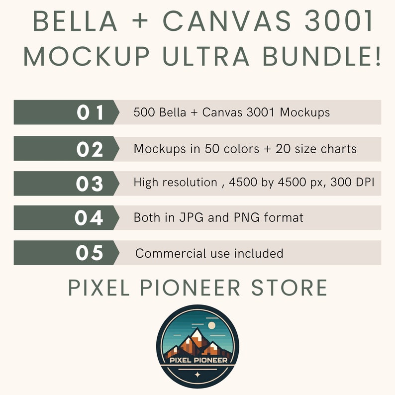 以下が含まれることがあります： Bella + Canvas 3001 Tシャツ用のグラフィックデザインモックアップバンドル。このバンドルには、500のモックアップが50色と20のサイズチャートで含まれています。モックアップは高解像度で、4500 x 4500ピクセル、300 DPIで、JPGとPNG形式で利用できます。商用利用は含まれています。