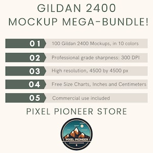 May include: A graphic design mockup bundle for Gildan 2400 t-shirts. The bundle includes 100 mockups in 10 colors, with professional grade sharpness at 300 DPI. Each mockup is high resolution, measuring 4500 by 4500 pixels. Free size charts in inches and centimeters are included, along with commercial use rights. The image features a stylized mountain range logo with the text "Pixel Pioneer".