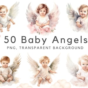 Baby angel clipart, babyboy angel, babygirl angel, baby angles, baby shower decoration, watercolor newborn print, 50 PNG babies drawings image 1