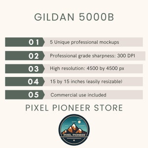 May include: A graphic design mockup template for Gildan 5000B t-shirts. The template includes 5 unique professional mockups with high resolution (4500 by 4500 pixels) and 300 DPI. The mockups are 15 by 15 inches and easily resizable. Commercial use is included.