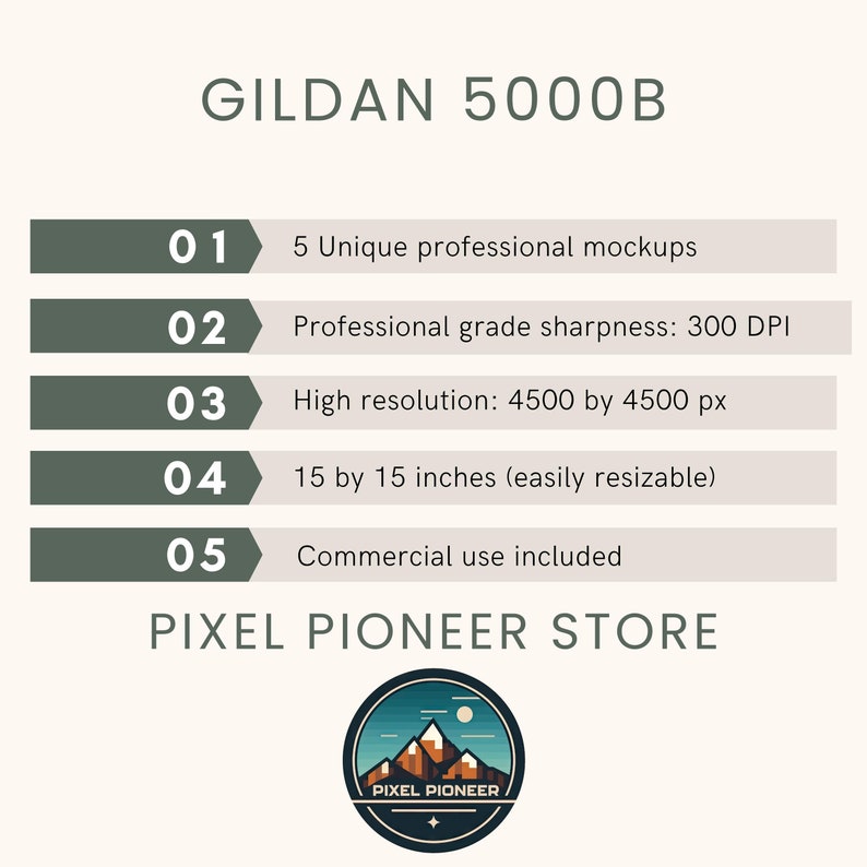 May include: A graphic design mockup template for Gildan 5000B t-shirts. The template includes 5 unique professional mockups with high resolution (4500 by 4500 pixels) and 300 DPI. The mockups are 15 by 15 inches and easily resizable. Commercial use is included.
