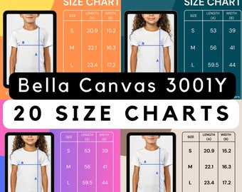 Bella Canvas 3001Y Size Chart, Youth Size Chart, Kids Size chart, 3001 Kids Sizing, Size Chart Mockup, Size Chart Bella, 20 size charts png