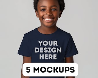 Bella Canvas 3001Y Pacote de mockup azul marinho, mockup infantil fofo, pacote de mockup de camiseta azul marinho Bella infantil, mockup Bella Canvas 3001Y, 5 mock-ups png de menino