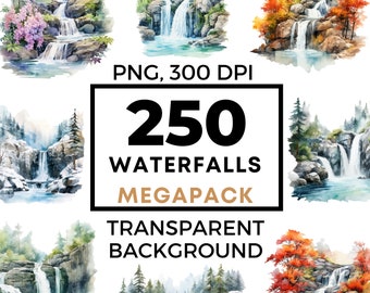 Waterfall clipart, forest waterfall, waterfall png, nature clipart, waterfall clip art, spring landscape, watercolor forest, 250 drawings