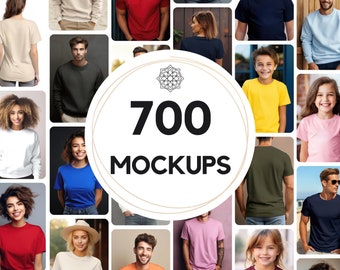 May include: A collage of 700 different t-shirt mockups featuring various colors and styles. The mockups are displayed on a variety of models, including children and adults.