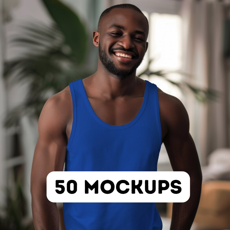 Op de afbeelding: Een man draagt een blauw tanktop. Het tanktop is leeg en klaar voor een ontwerp. 50 Mockups.
