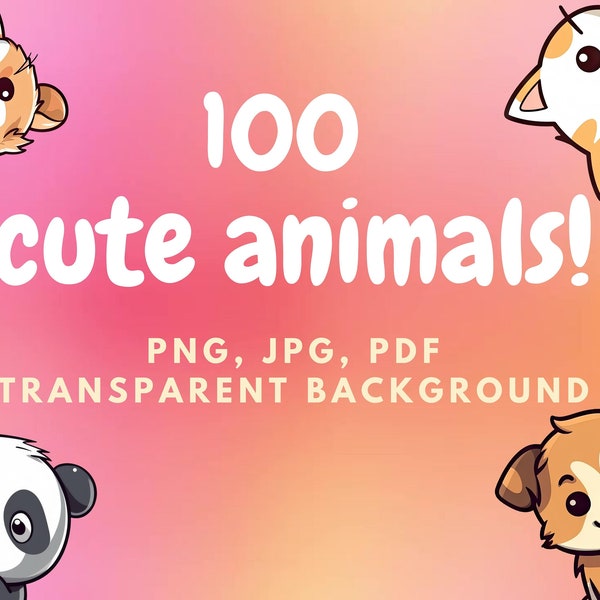 Cute animals clipart PNG bundle, kawaii animals, animal stickers, baby outfit cats, dogs, hamsters, panda clip art for children 100 files