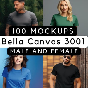 May include: 100 mockups of a Bella Canvas 3001 t-shirt in various colours, featuring both male and female models.