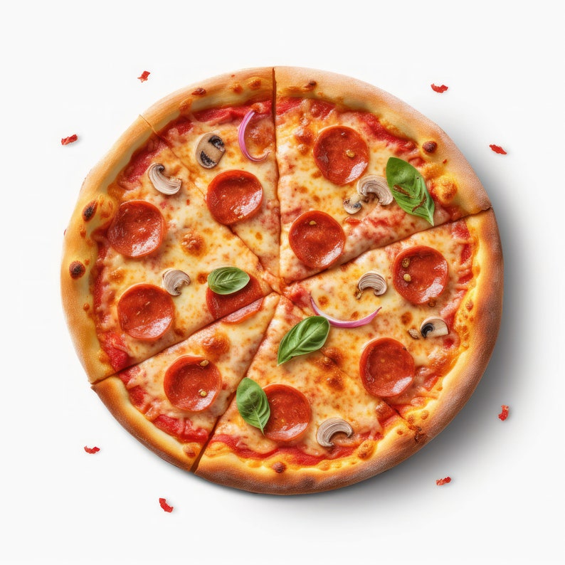 K&ouml;nnte beinhalten: Nahaufnahme einer Pepperoni-Pizza mit roter So&szlig;e, Mozzarella-K&auml;se, Pepperoni-Scheiben, Pilzen, roten Zwiebeln und Basilikumbl&auml;ttern. Die Pizza ist in sechs St&uuml;cke geschnitten.