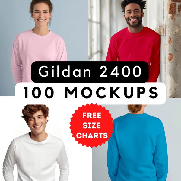 Gildan 2400 Mockup Bundle, Long Sleeve Mockup, Print-on-demand, Gildan 2400 Mock, Cheap Mockup Bundle, High Quality Mockups, 100 png models