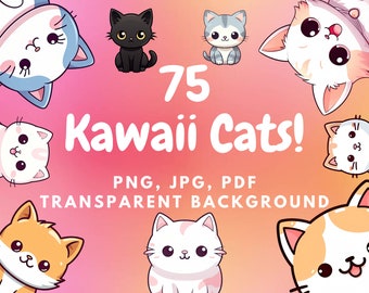 Cute cat clipart | cute cats | 75 PNG images | cat stickers | Kawaii cats | cute cat png | Commercial Use Clipart | cat printable sticker