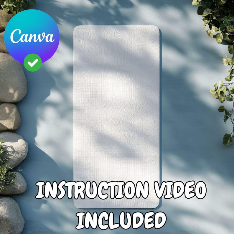 May include: A white rectangular mat with a textured surface. The mat is on a blue background with shadows from leaves and rocks. The text "INSTRUCTION VIDEO INCLUDED" is below the mat.
