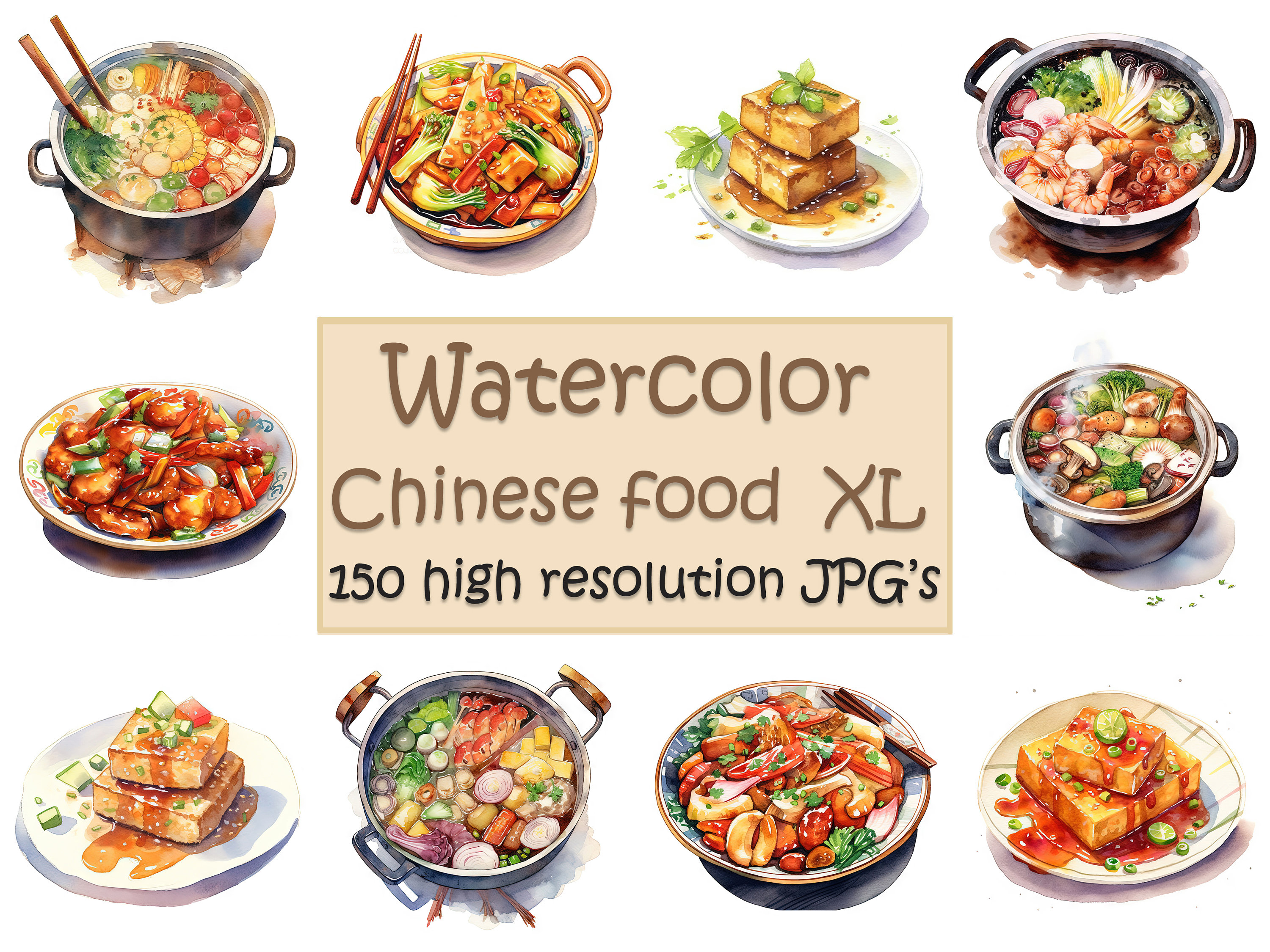 Chinese food clipart watercolor Chinese dish clip art hotpot clipart tofu clipart  digital paper craft 150 JPG files