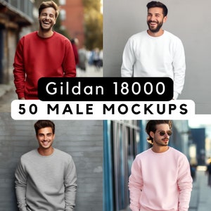 Pacchetto mockup Gildan 18000 da uomo, 50 immagini di mockup di maglioni Gildan, mockup di maglioni da uomo, stampa su richiesta, mockup di maglioni 18000 da uomo