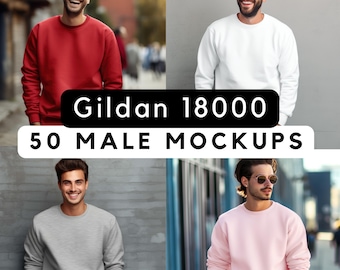 Mens Gildan 18000 mockup bundle, 50 Gildan jumper mockup images, male sweater mock-ups, print-on-demand, sweater mock 18000 male models