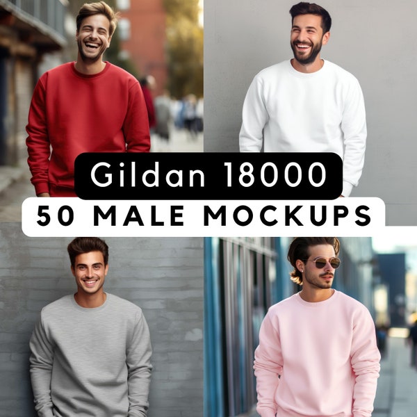 Herren Gildan 18000 Mockup Paket, 50 Gildan Pullover Mockup Bilder, Herren Pullover Mock-Ups, Print-on-Demand, Pullover Mock 18000 männliche Modelle