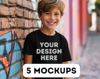 Bella Canvas 3001Y Black Mockup Bundle, Kids Tshirt Mockup Bundle, Youth Tshirt Mockup, Bella Canvas 3001Y mock, 5 boy model png mock-ups