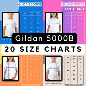 Gildan 5000B Size Chart, G5000B Youth Size Chart, T-shirts Size Chart, Unisex Size Chart, Gildan Shirt Kids Size Chart, 5 colors, 20 pngs