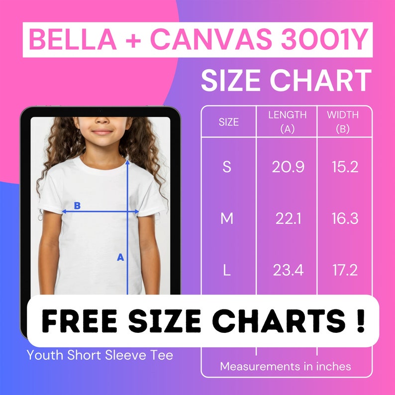 Pu&ograve; includere: Tabella delle taglie per t-shirt a maniche corte per ragazzi Bella + Canvas 3001Y. La tabella mostra le misure in pollici per le taglie S, M e L. Il testo "FREE SIZE CHARTS!" &egrave; incluso.