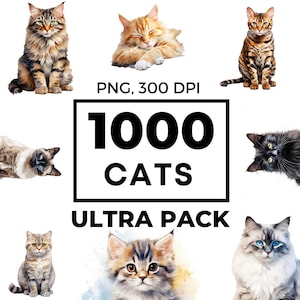 Clipart chaton – clipart chats – 1000 images PNG – chaton aquarelle – chat PNG – POD autorisé – licence commerciale – lot de portraits de chat