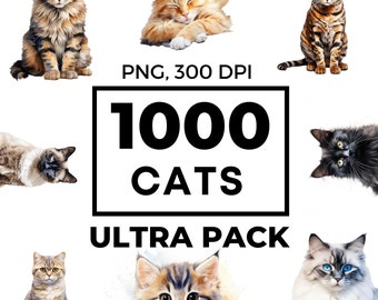 May include: A digital illustration of 1000 cats in an ultra pack. The image features a variety of cats in different poses and colors, including a tabby cat, a calico cat, a black cat, a white cat, and a gray cat.