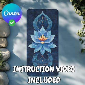 May include: A blue yoga mat with a large blue lotus flower design in the center. The mat has a dark blue background with a subtle textured pattern. The lotus flower has a yellow center and orange accents. The text "INSTRUCTION VIDEO INCLUDED" is printed in white at the bottom of the mat.