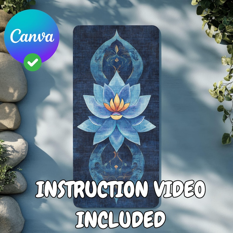 May include: A blue yoga mat with a large blue lotus flower design in the center. The mat has a dark blue background with a subtle textured pattern. The lotus flower has a yellow center and orange accents. The text "INSTRUCTION VIDEO INCLUDED" is printed in white at the bottom of the mat.