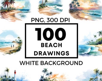 Beach clipart, tropical beach, tropical clipart, landscape clipart, beach png, watercolor clipart, commercial use, POD allowed,  100 images