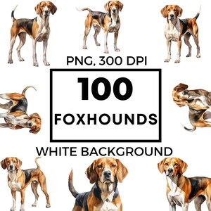 Puede incluir: Una ilustración digital de 100 foxhounds, una raza de perro de caza, con fondos blancos. Los perros están representados en un estilo realista con pelaje marrón, negro y blanco.