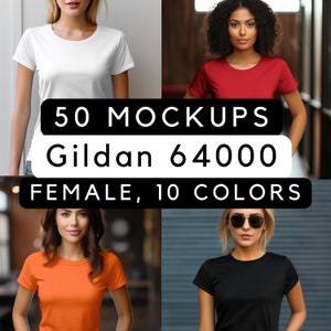 Gildan 64000 mock up bundle, 50 Print-on-demand female mock-ups, female t-shirt mocks, G64000 mockup bundle, commercial use, 50 pngs