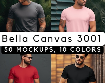 Bella 3001 male mockup, model mock 3001, male tee mock 3001 bundle, male mockup 3001 png bundle, commercial use, 50 models, 10 colors