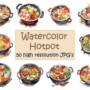 PNG-paket med hot pot-clipart i akvarell, kinesisk konst, 50 jpg-filer för scrapbooking och klistermärken