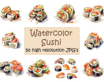 May include: Watercolor illustrations of various sushi rolls, including salmon, avocado, and cucumber. The image includes the text "Watercolor Sushi 50 high resolution JPG's".