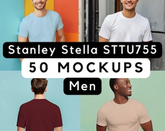 Stanley Stella STTU755 Mockup Bundle, Stanley Stella Mock, Eco tee Mockup, print-on-demand, Tshirt Mockup Bundle, 50 male model mocks png