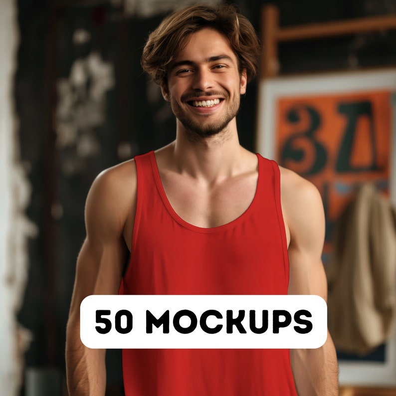 Op de afbeelding: Een man die een rood tanktop draagt, glimlacht en kijkt naar de camera. De tekst "50 MOCKUPS" staat in een wit kader voor de man.
