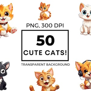 Imágenes prediseñadas de gatos lindos / pegatinas de gatos / 50 imágenes PNG / Gatos kawaii / Diseño de gato lindo / Imágenes prediseñadas de uso comercial / Imprimibles de gatos, gatos>perros