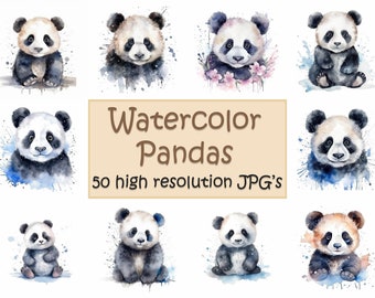 Watercolor Panda, 50 high resolution JPG's, Panda clipart,  Panda, clipart, cute Panda, pandas, cute animals, poster print, clipart, JPG