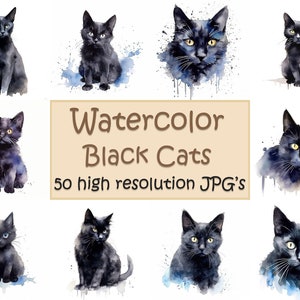 Aquarelle de chats noirs, 50 fichiers JPG haute résolution, clipart chat, chats, clipart, chats mignons, animaux, chat mignon, chatons, affiche imprimée JPG