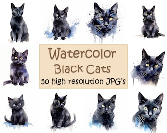 Aquarell schwarze Katzen, 50 hochauflösende JPG's, Katzen Clipart, Katzen, Clipart, süße Katzen, Tiere, süße Katze, Kätzchen, Posterdruck JPG