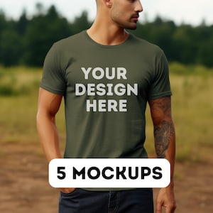 Bella canvas military green mockup bundle, male tshirt mock-up, mock 3001, print-on-demand, commercial use, green tee shirt mockups, 5 pngs